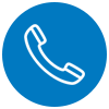 white outline of a telephone handset in a blue circle