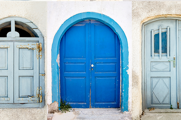 image of 3 old wooden doors all 3 a shade of blue