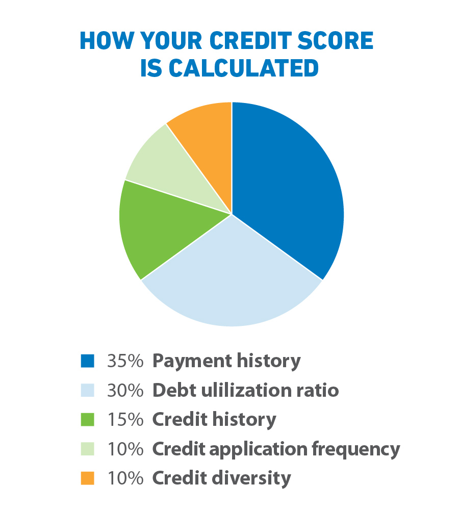 A pie chart showing what factors impact your credit score, including payment history (35%) debt utilization ratio (30%) credit history (15%) credit application frequency (10%)  credit diversity (10%)