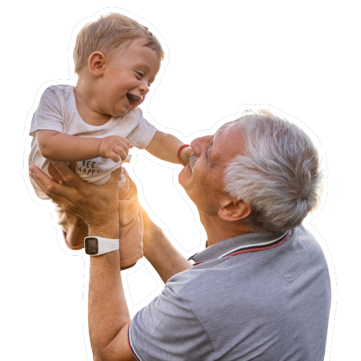 grandpa rising his grandson above his head