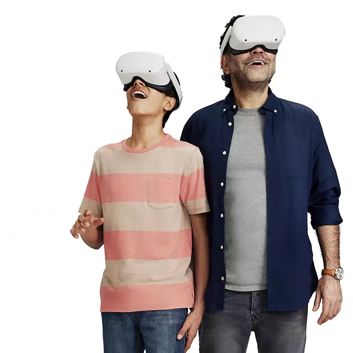 father and son wearing VR headset