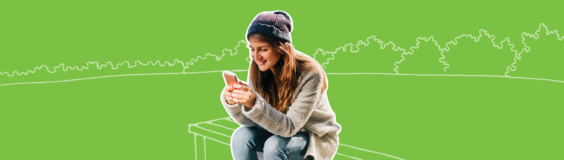 young woman sitting on a bench with a smartphone, wearing a toque