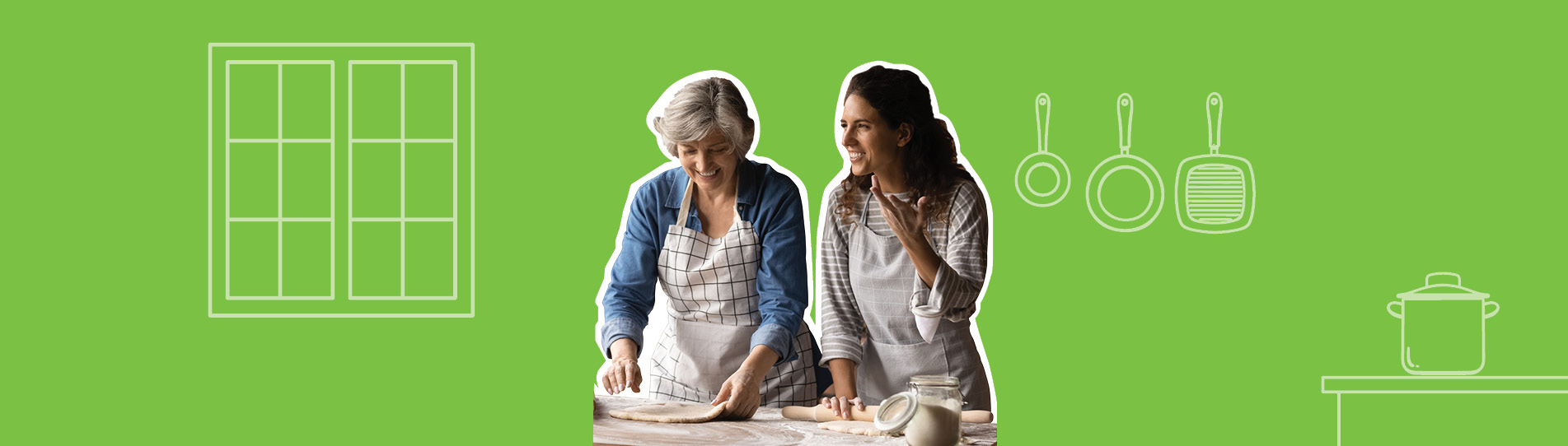two women baking and smiling