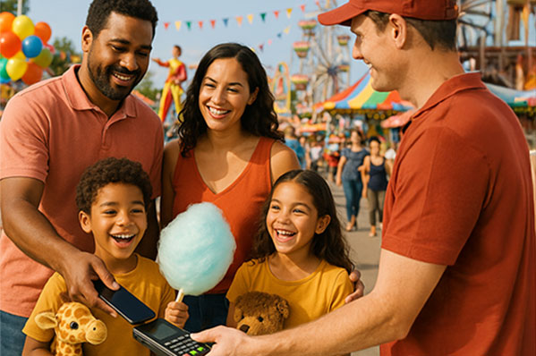 A family at a festival paying by tapping their phone