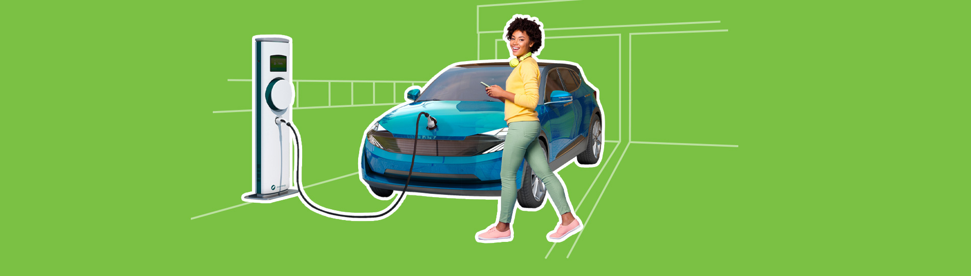 smiling woman beside charging electric vehicle