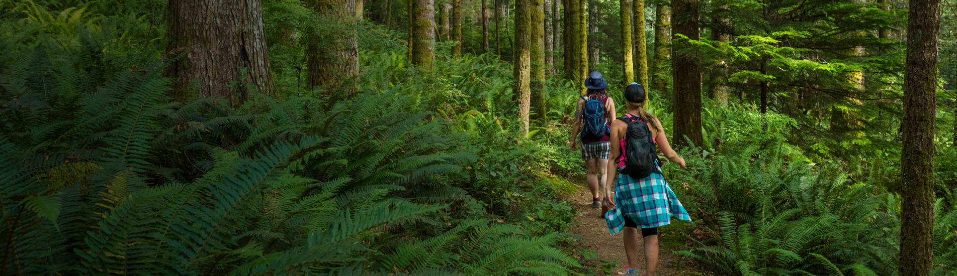 Two women on a hike wearing backpacks